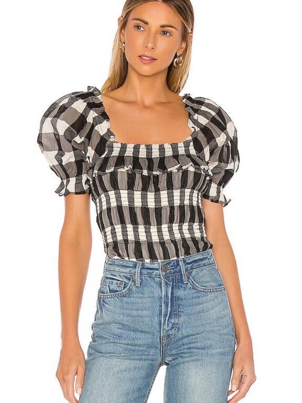 Tularosa Puff-Sleeve Check Bodysuit - Black & White/ Cream. XS NWT